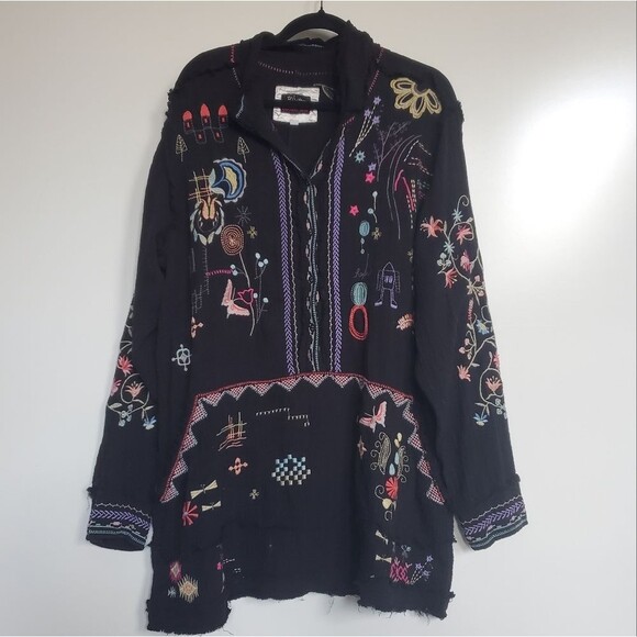 XL JOHNNY WAS EMBROIDERED COTTON LIGHTWEIGHT BOHO TUNIC TOP NAVY FRONT POCKET - Picture 4 of 15